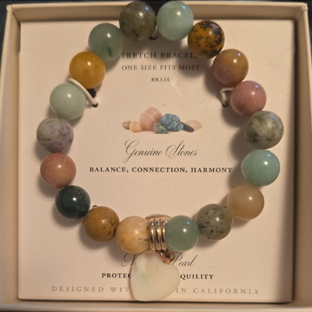 LUNAšNORTE Stretch Bracelet Brass, Genuine Stones MOTHER OF PEARLš¤HEART NIB - Picture 2 of 5